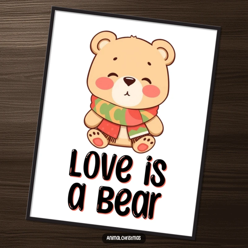Funny Bear Kiss Digital Art Print, a charming illustration of a bear in a festive scarf blowing a kiss, ideal for instant wall decor with romantic humor.