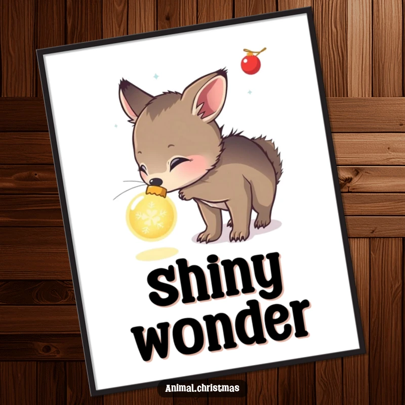 Funny digital art print of an animal curiously sniffing a glowing Christmas ornament, perfect for instant holiday wonder decor.