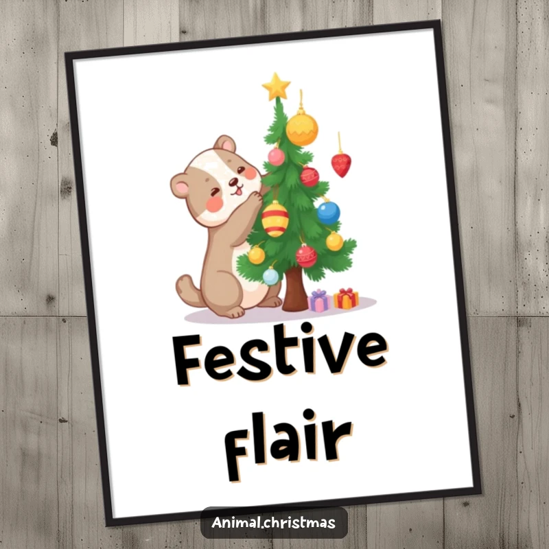 Funny digital art print of a joyful animal decorating a miniature pine tree, perfect for instant holiday crafting decor.