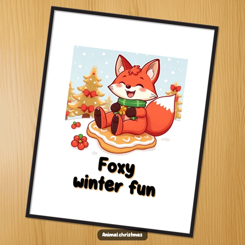 Funny Christmas digital art print of a red fox grinning widely while sliding down a snowy hill on a festive gingerbread cookie.