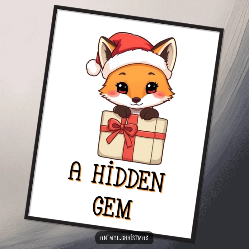 Funny digital art print of a fox in a tiny Santa hat, peeking from behind a gift, bringing instant holiday charm.