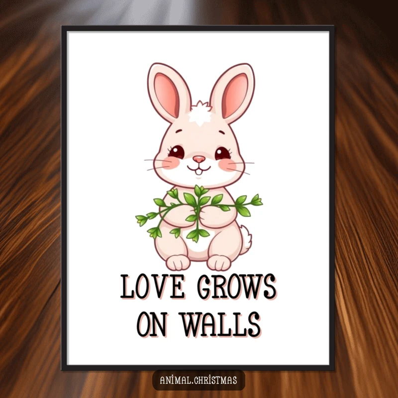 Funny kawaii bunny digital art print, holding mistletoe with a shy smile, downloadable cute romantic holiday illustration.