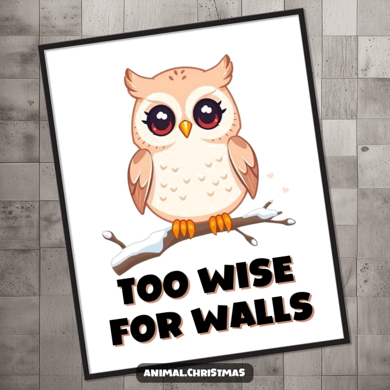 Funny kawaii owl digital art print, twinkling eyes, perched on a snowy branch, downloadable cute owl illustration for home decor.