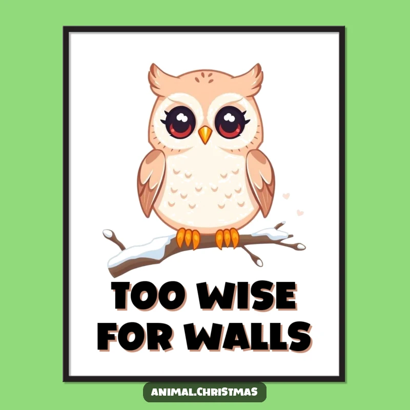 Funny Kawaii Owl Digital Art Print: Twinkling Eyes, Snowy Branch - Instant Funny Gift