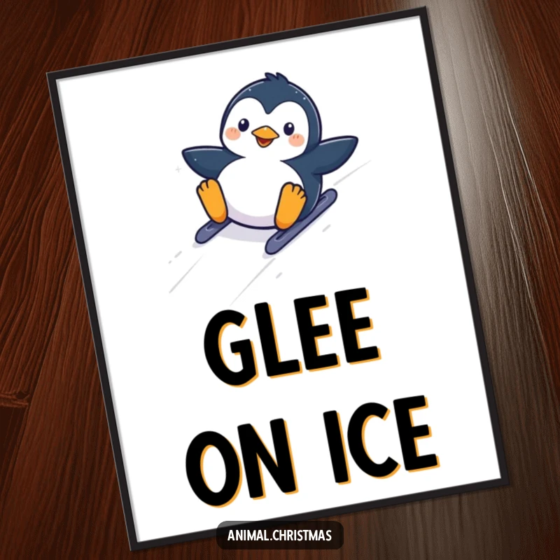 Funny kawaii penguin sliding down a snowy hill with glee, a downloadable digital art print for winter decor.