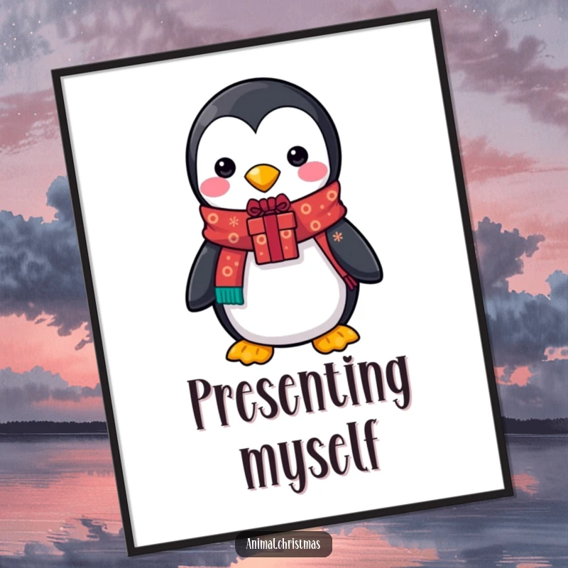 Funny digital art print of a penguin wearing a festive scarf and holding a gift, bringing charming holiday humor instantly.