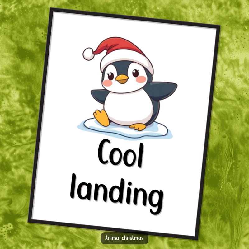 Funny Penguin Slip Digital Art Print, a festive illustration of a penguin in a Santa hat slipping comically on ice, ideal for instant holiday decor.