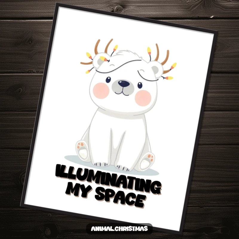 Funny digital art print of a polar bear humorously tangled in twinkling Christmas lights, bringing instant festive humor.