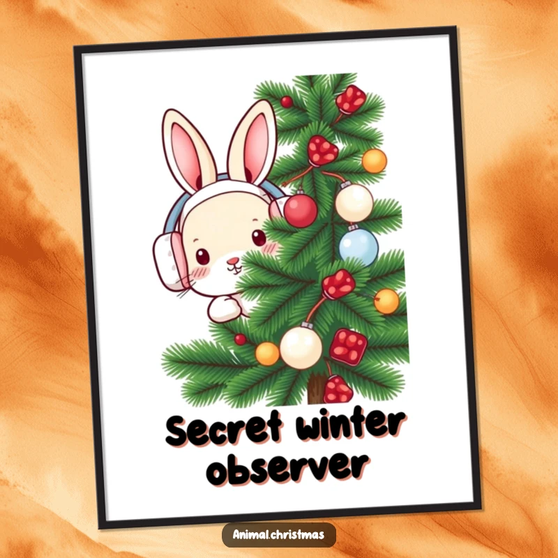 Funny rabbit digital art print of a rabbit wearing earmuffs, peeking from behind a decorated pine tree, for instant decor.