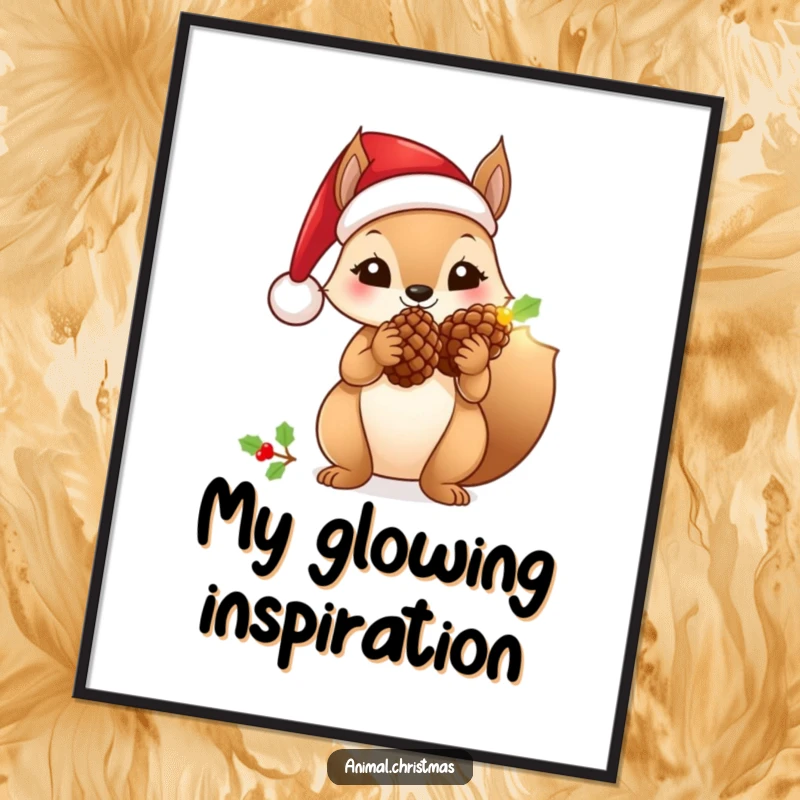 Funny squirrel digital art print wearing a Santa hat, holding a glowing pinecone, instant downloadable decor.