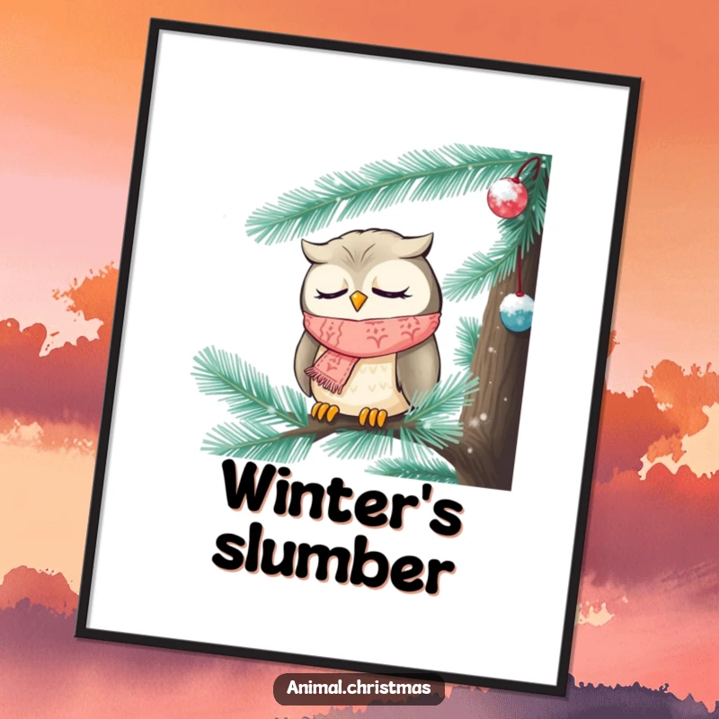 Funny Christmas digital art print of a sleepy owl wearing a knitted scarf, nodding off inside a frosted pine tree.