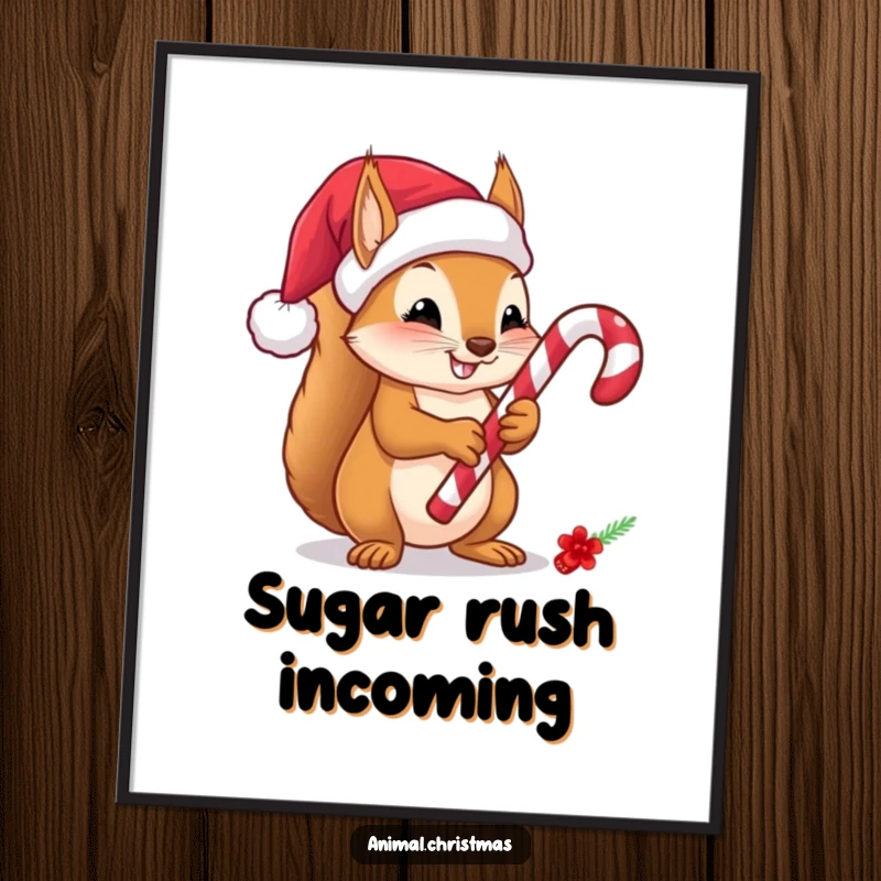 Funny Squirrel Candy Cane Digital Art Print, a festive illustration of a squirrel in a Santa hat holding a candy cane, ideal for instant holiday decor.