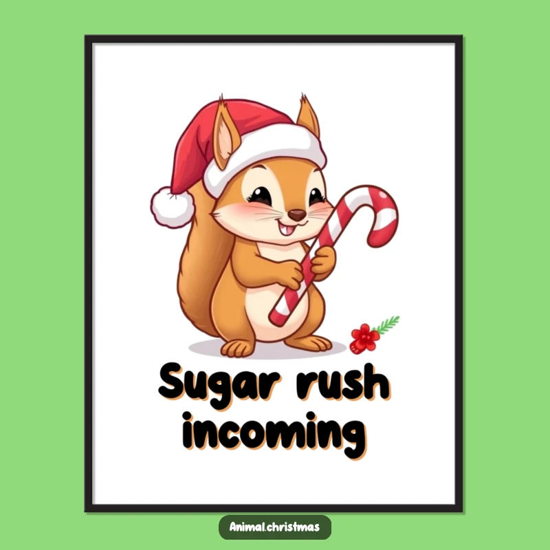 Funny Squirrel Candy Cane Digital Print - Instant Festive Wall Art