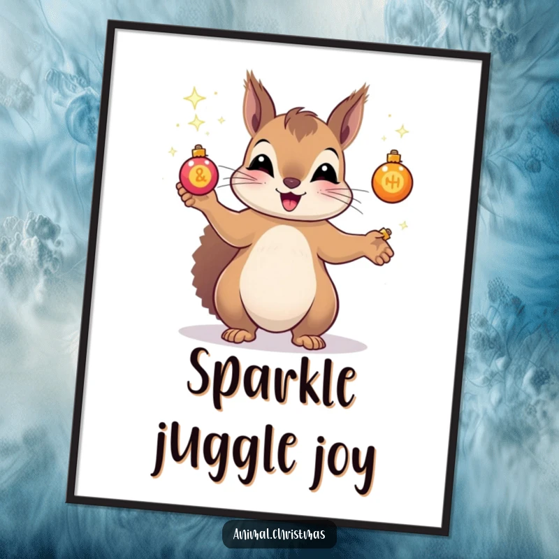 Funny digital art print of a squirrel energetically juggling tiny, sparkling Christmas ornaments, perfect for festive wall decor.