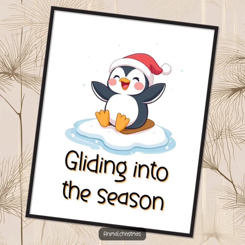 Funny Penguin Santa Digital Art: A penguin wearing a Santa hat joyfully sliding on ice, perfect for instant decor.