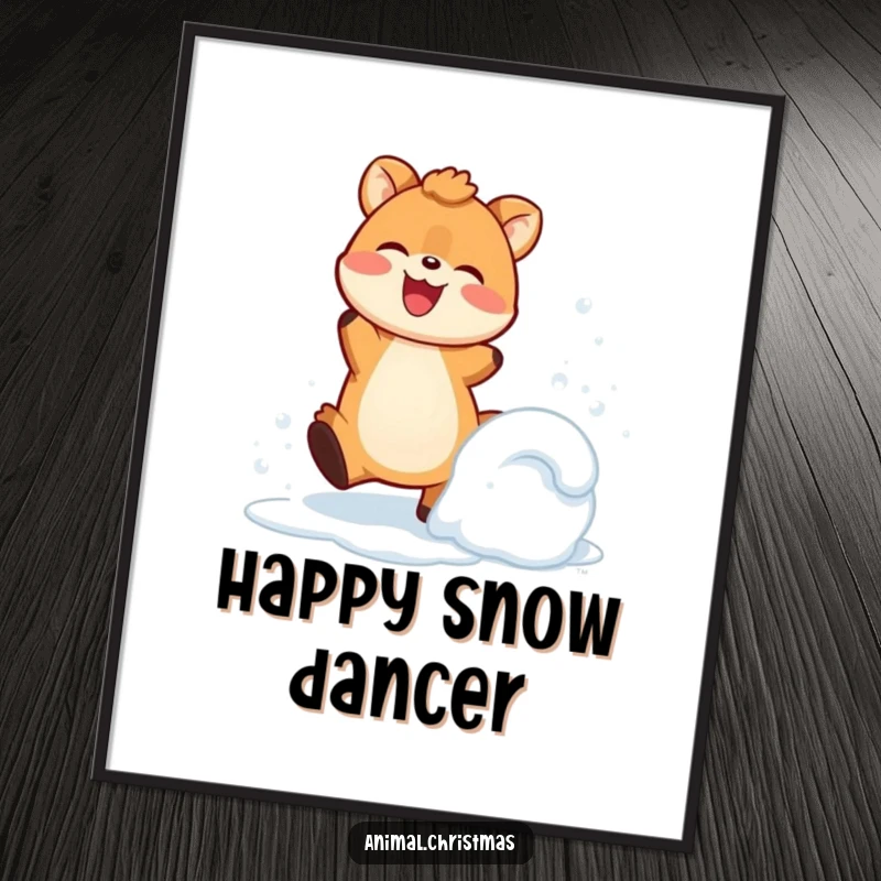 Funny Digital Art Print: An animal joyfully kicks up snow with a happy expression, radiating pure winter energy.