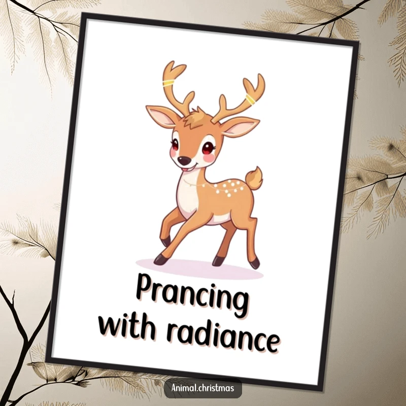 Funny deer Christmas digital art of a happy deer prancing with twinkling lights woven into its antlers, perfect for instant decor.
