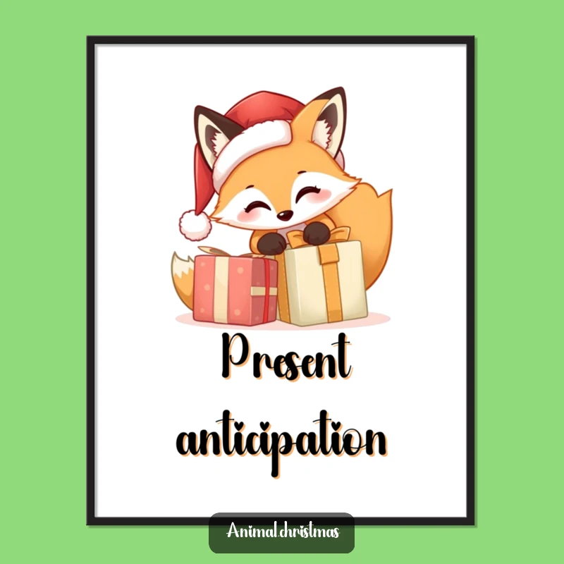 Funny Fox Santa Digital Print - Instant Christmas Gift Opening Art Decor