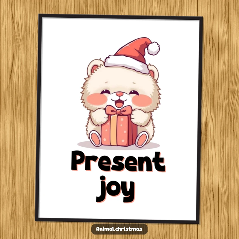 Funny digital art print of a fluffy animal wearing a Santa hat, excitedly unwrapping a present, offering instant holiday cheer and humor.