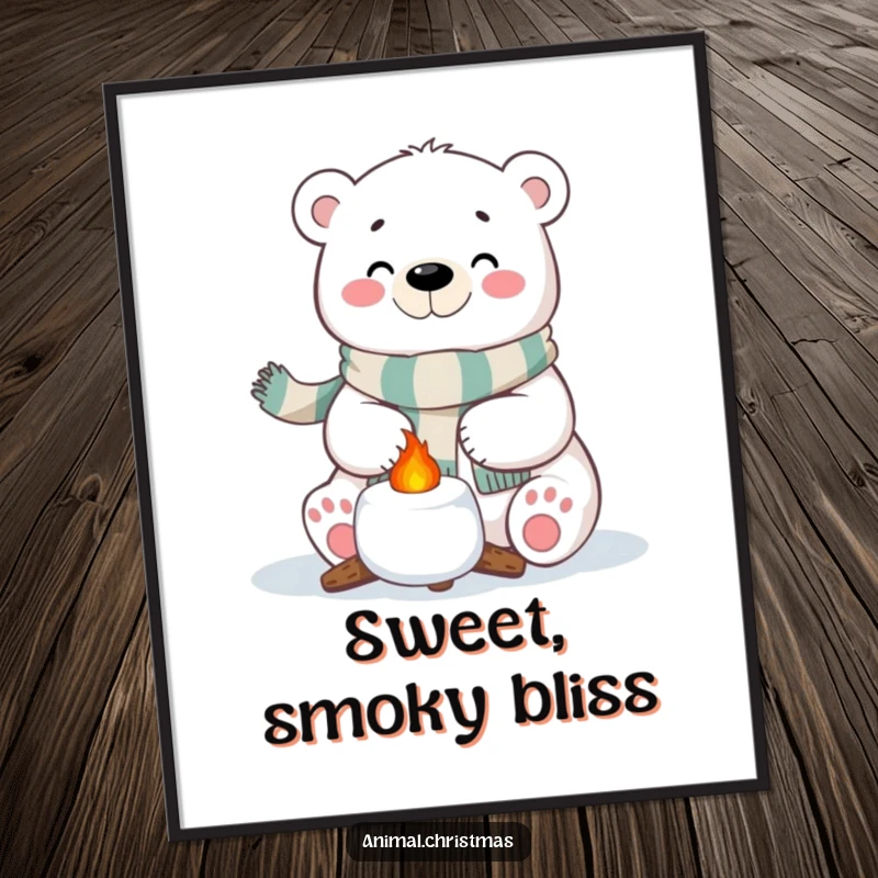 Funny Polar Bear Marshmallow Digital Art: A polar bear with a festive scarf happily roasting a marshmallow, perfect for instant decor.