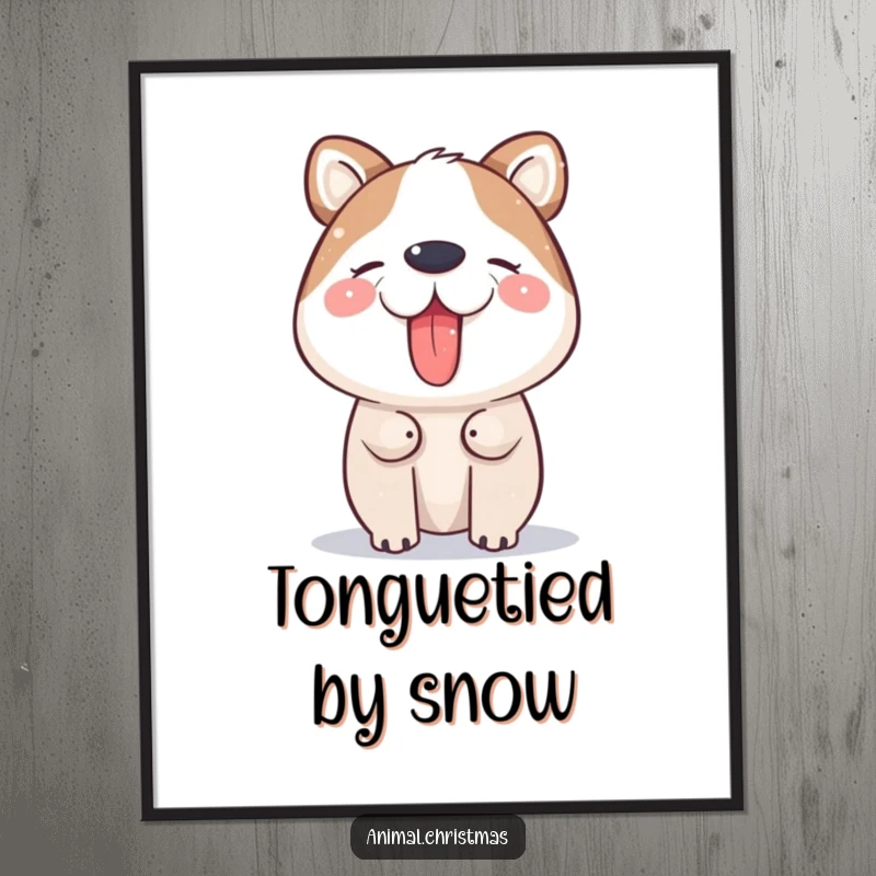 Funny Digital Art Print: An animal joyfully catches falling snowflakes on its tongue, radiating pure winter wonder.