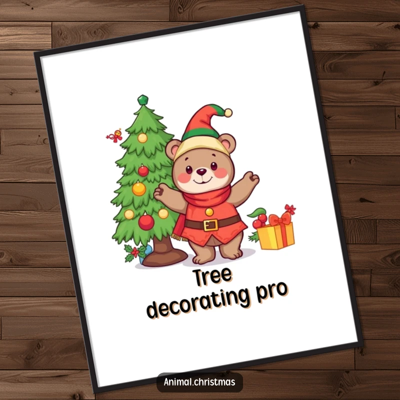 Funny digital art print of a cheerful bear in elf attire, decorating a Christmas tree with festive ornaments.