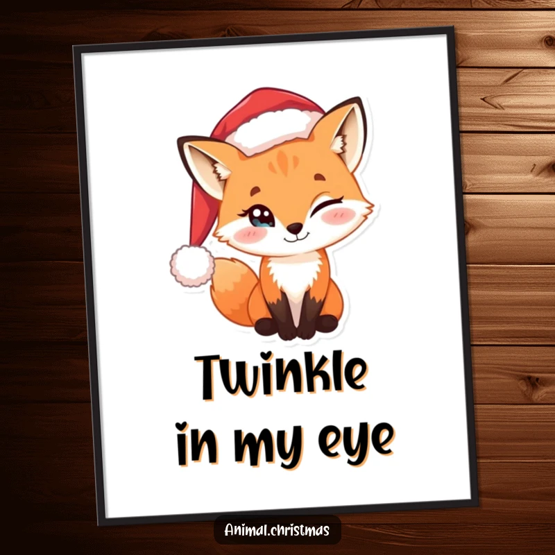 Funny digital art print of a sly fox wearing a Santa hat, giving a mischievous wink with a twinkle.