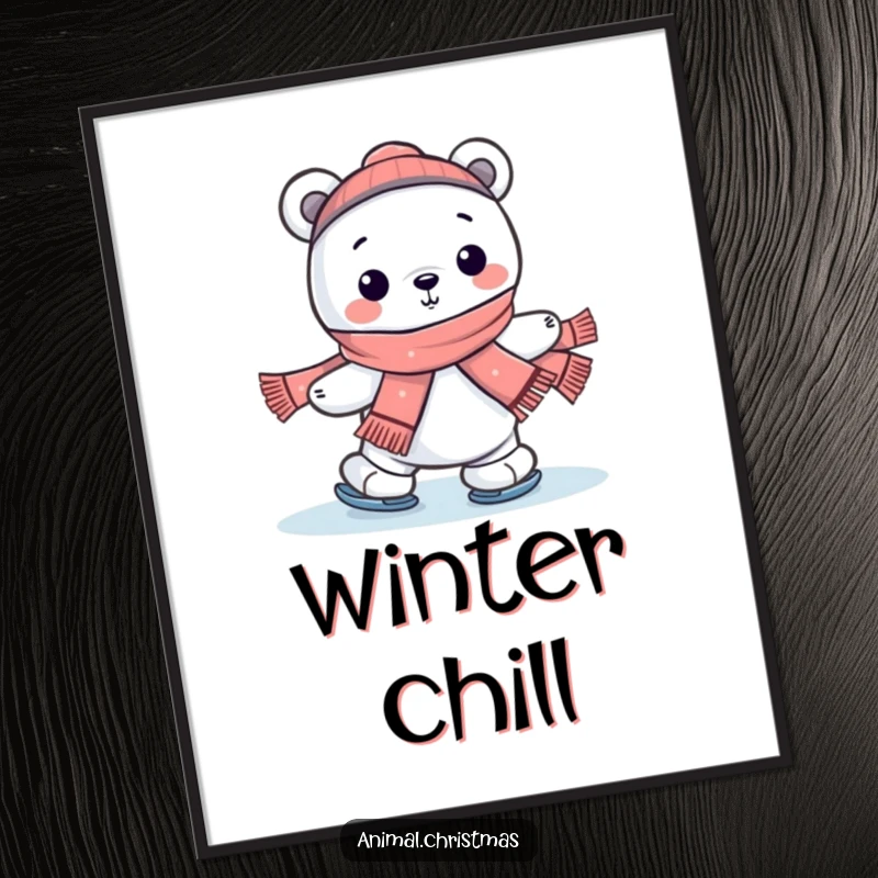 Funny kawaii polar bear cheerfully ice skating with a scarf as a digital art print, conveying winter humor.