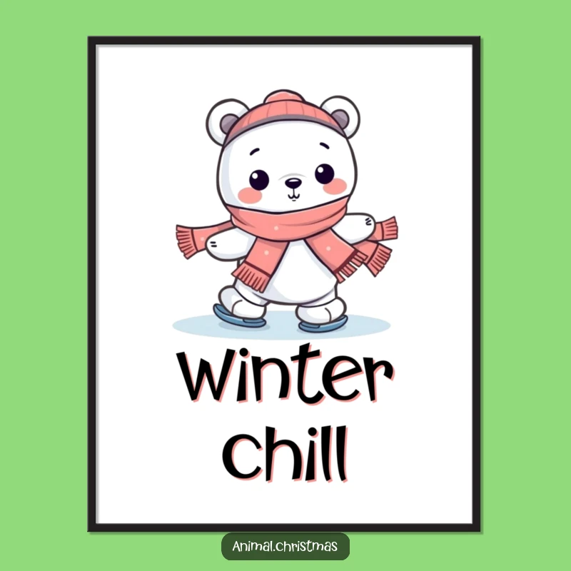 Funny Kawaii Polar Bear Ice Skating Digital Art: Hilarious Winter Decor