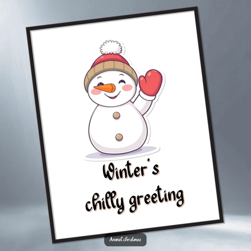 Funny snowman digital art print, a cheerful character with a carrot nose waving a mitten, instant downloadable decor.