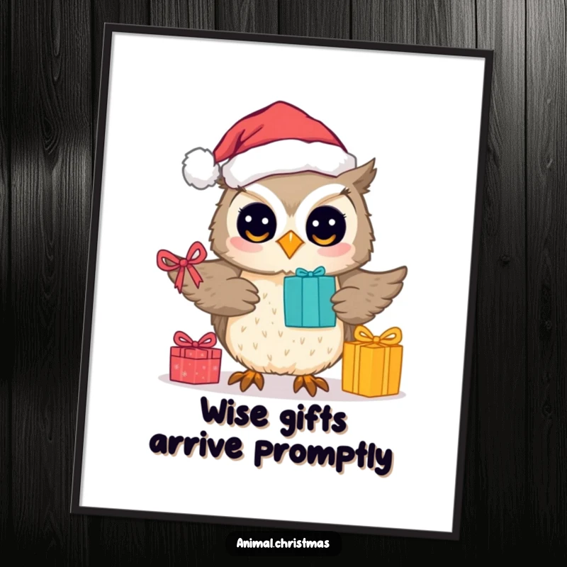 Funny digital art print of a cute owl wearing a Santa hat, actively distributing gifts for a merry Christmas.