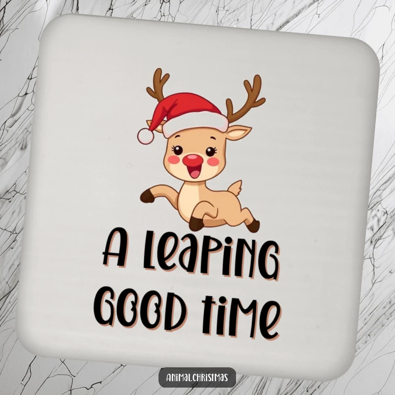 Funny coaster with a reindeer wearing a Santa hat, joyfully leaping, a humorous and practical addition to any tabletop.