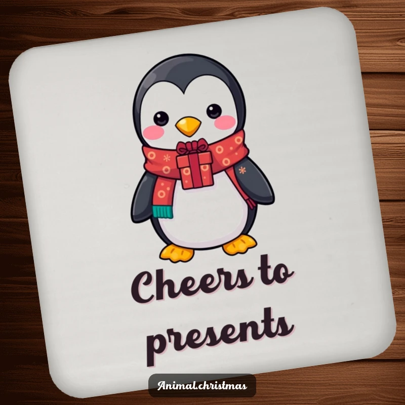 Funny coaster featuring a penguin in a festive scarf, holding a gift, providing a humorous and protective layer for drinks.