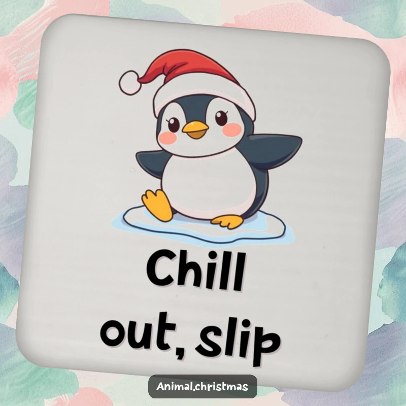 Funny Penguin Slip Coaster, a cute penguin wearing a Santa hat is comically slipping on ice, perfect for protecting surfaces with winter humor.