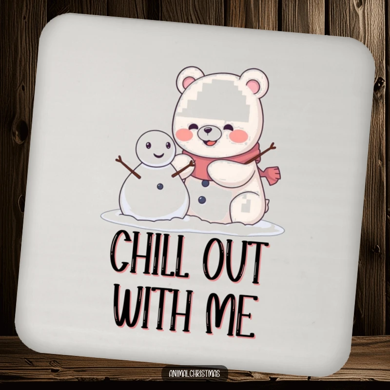 Funny kawaii bear wearing a pleased grin, building a snowman, featured on protective drink coasters.