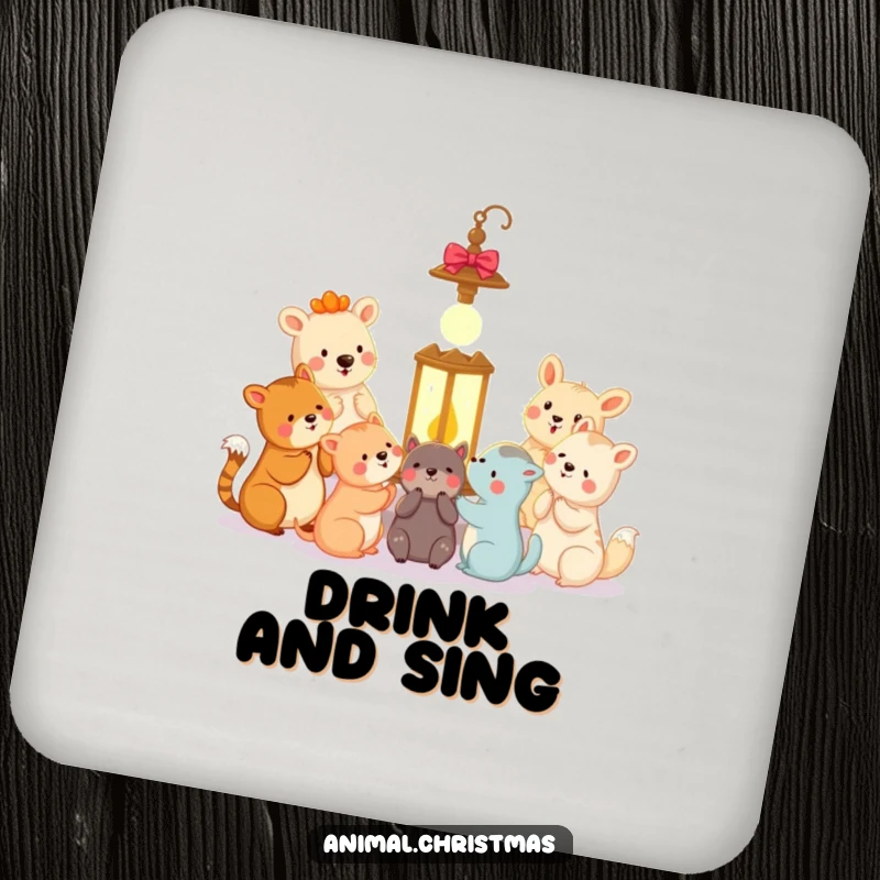 Funny animal carolers drink coaster showing happy animals singing carols around a glowing lantern, offering festive protection.
