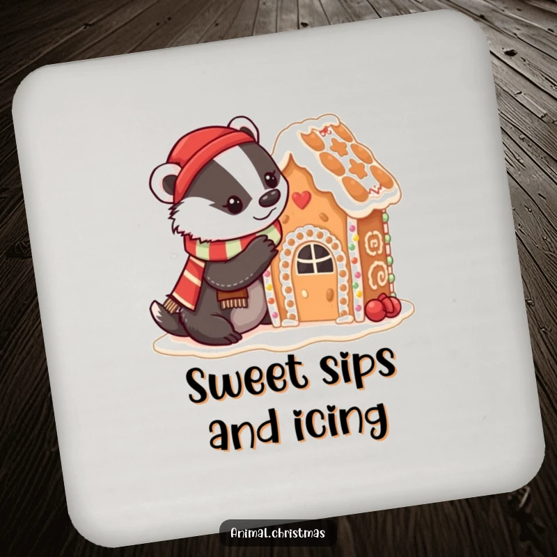 Funny badger baking coasters with a badger in a festive scarf decorating a gingerbread house with icing, perfect for drink protection.