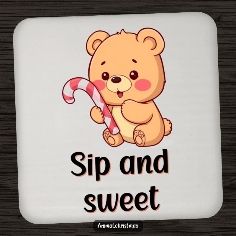 Funny drink coaster displaying an excited bear cub holding a candy cane, adding festive charm to any table.