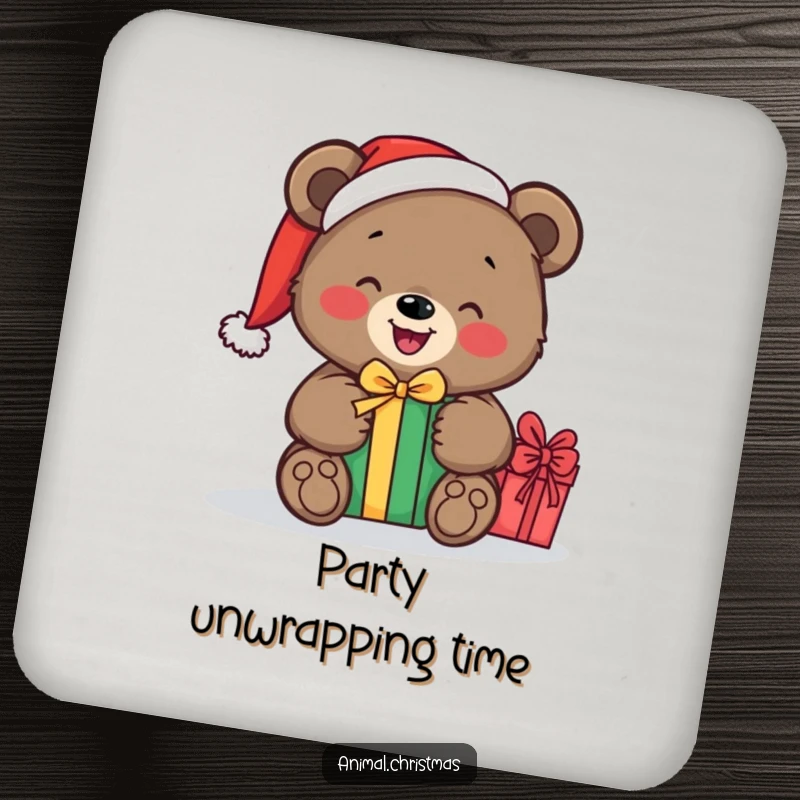 Funny drink coasters showing a bear in a Santa hat happily unwrapping a gift, ideal for protecting surfaces with holiday flair.