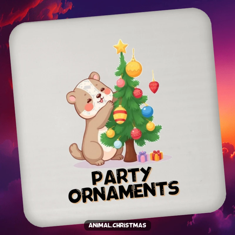 Funny drink coasters with a happy animal decorating a small Christmas tree, perfect for protecting tables during crafting.