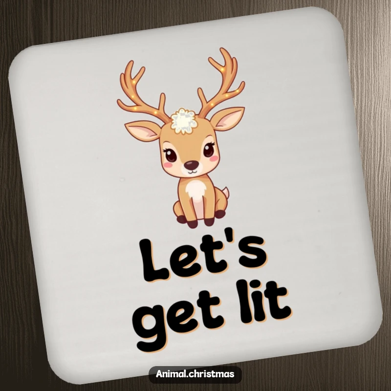 Funny deer drink coaster with antlers adorned with twinkling lights, stylish surface protection.