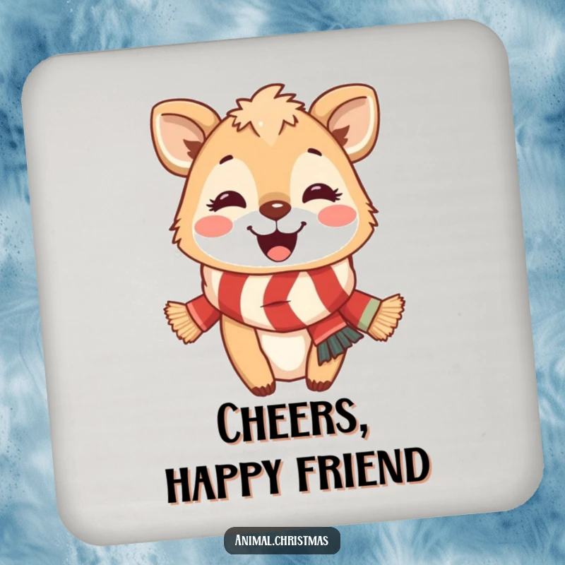 Funny Drink Coaster: A cheerful animal with a festive scarf smiles broadly, adding holiday charm to surface protection.