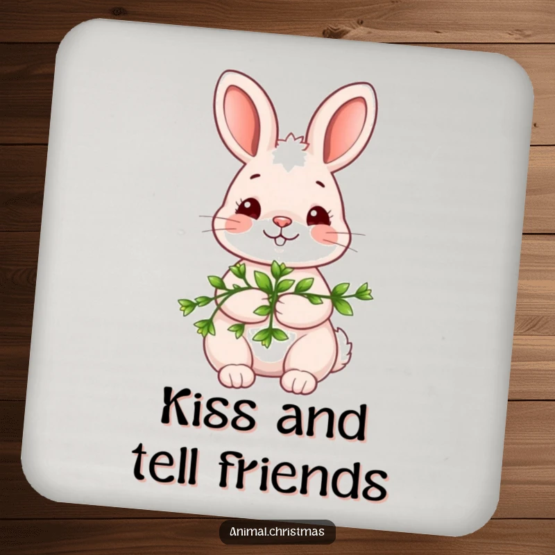 Funny kawaii bunny drink coasters, holding mistletoe with a shy smile, cute holiday coasters protecting surfaces from drinks.