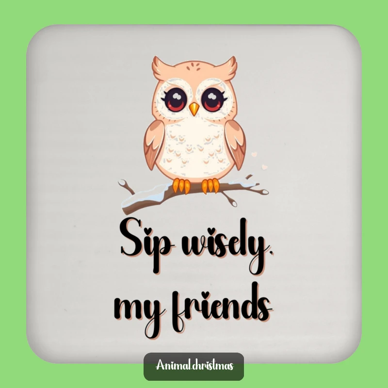 Funny Kawaii Owl Drink Coasters: Twinkling Eyes, Snowy Branch - Set of Funny Gifts