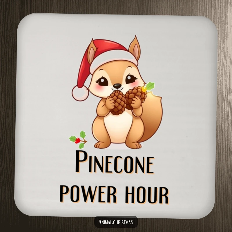 Funny squirrel drink coaster wearing a Santa hat, holding a glowing pinecone, stylish holiday surface protection.