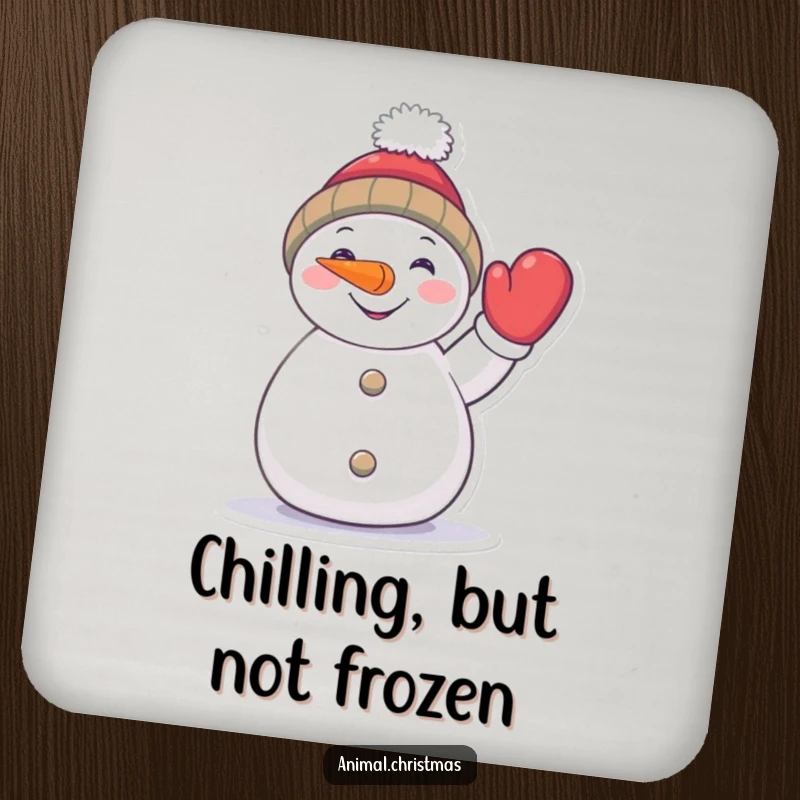 Funny snowman drink coaster, a cheerful character with a carrot nose waving a mitten, protecting surfaces stylishly.