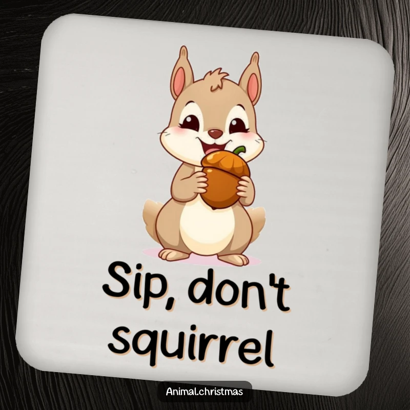 Funny squirrel drink coaster showing a happy squirrel’s wide grin over a festive acorn, offering surface protection with humor.