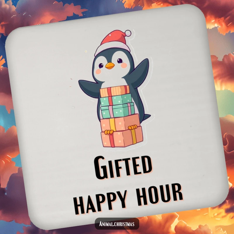 Funny kawaii penguin balancing wrapped gifts on drink coasters, offering humorous surface protection.