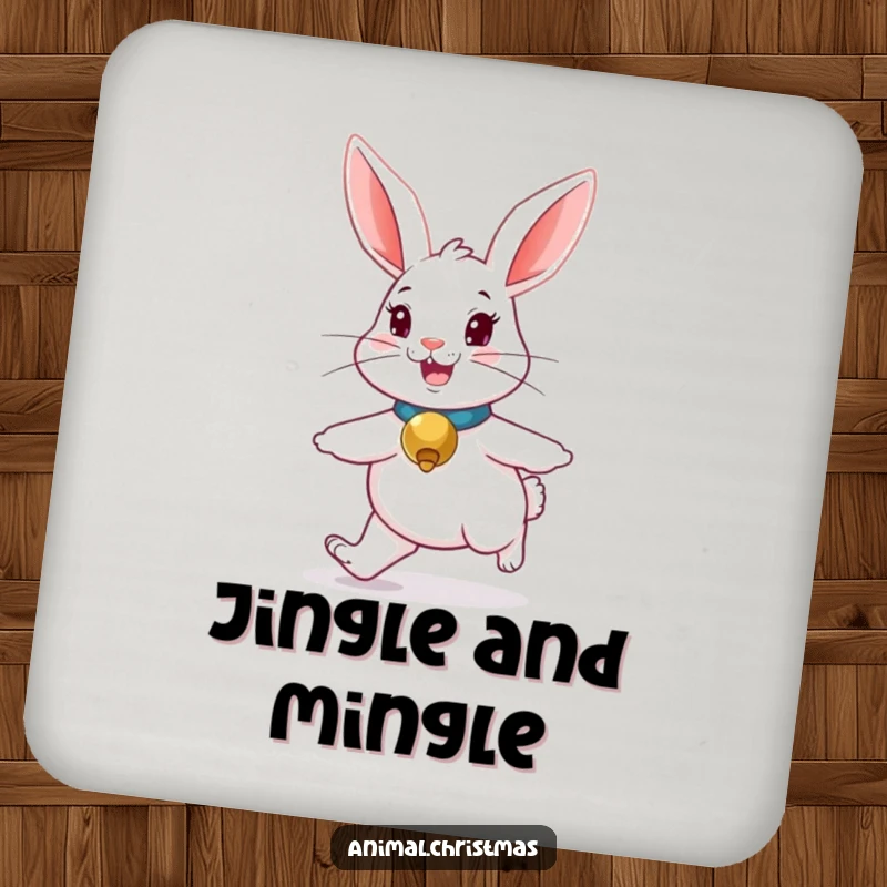 Funny rabbit drink coaster, a cute bunny with a jingle bell collar, hopping merrily, stylish surface protection.