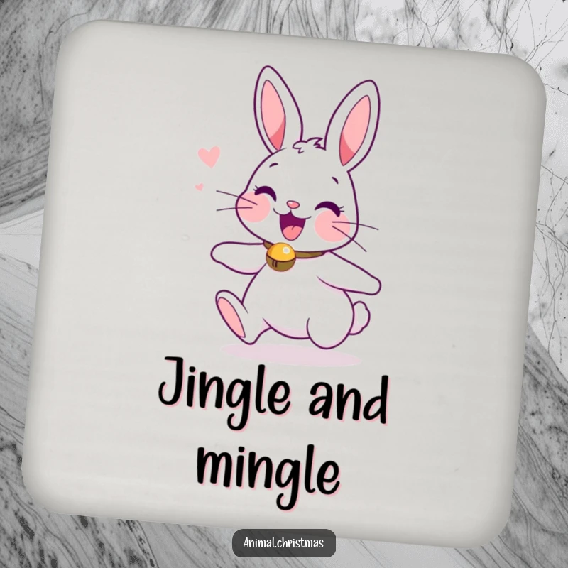 Funny drink coaster featuring an excited bunny with a jingle bell collar, adding festive cheer to tables.